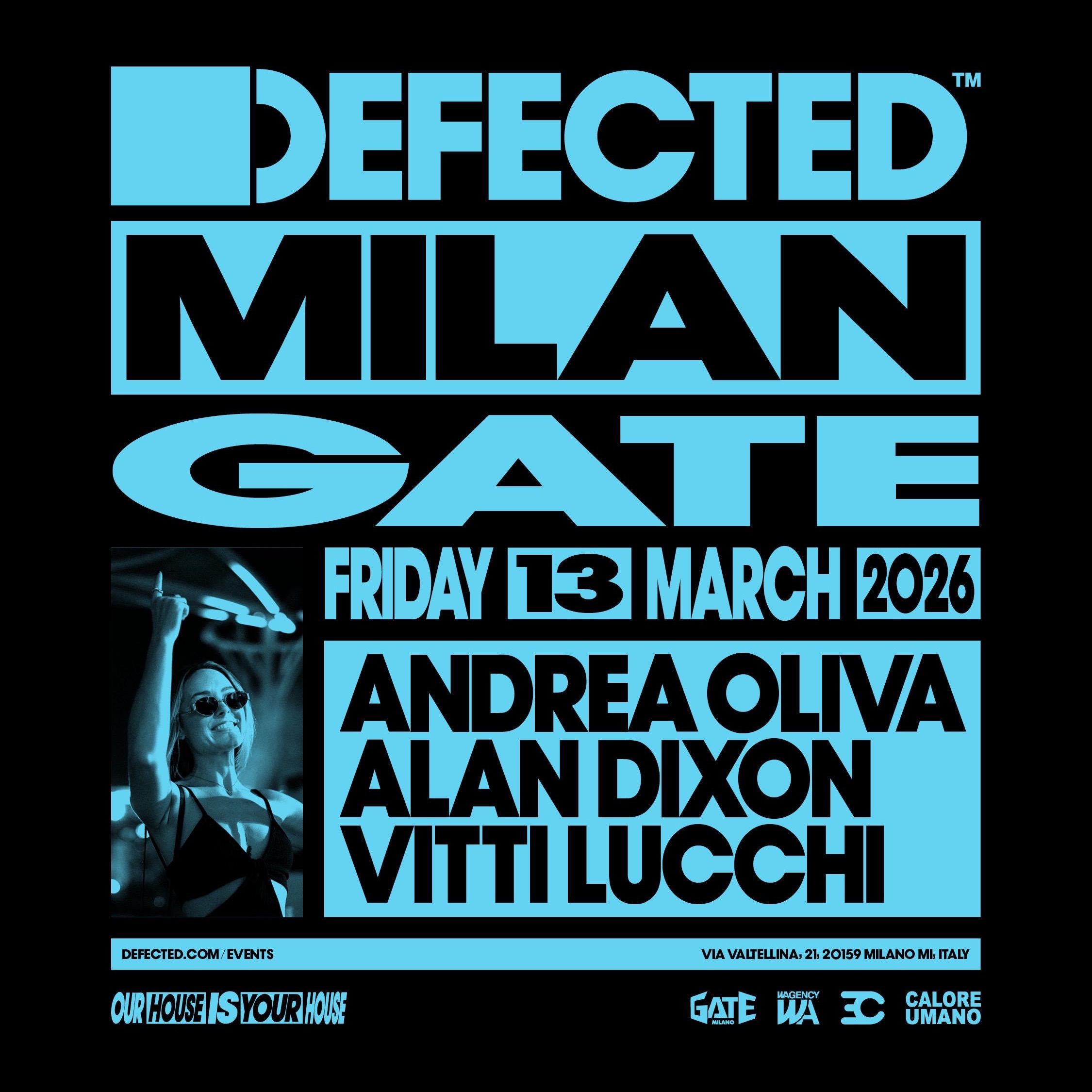 Cartel oficial del evento DEFECTED Milan w/ Andrea Oliva, Alan Dixon, Vittilucchi
