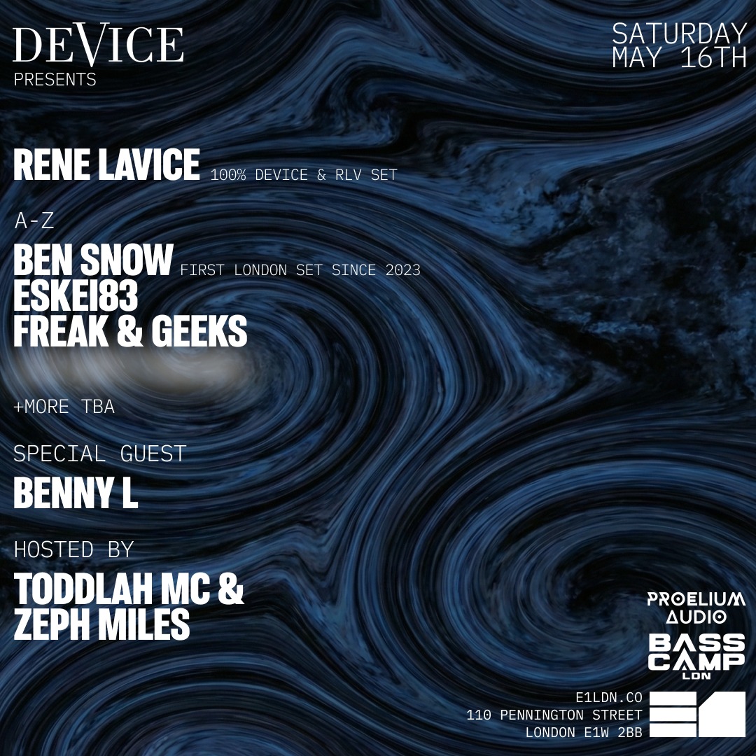 Cartel oficial del evento DeVice presents Benny L, Rene LaVice, Ben Snow, ESKEI83 & Freak & Geeks