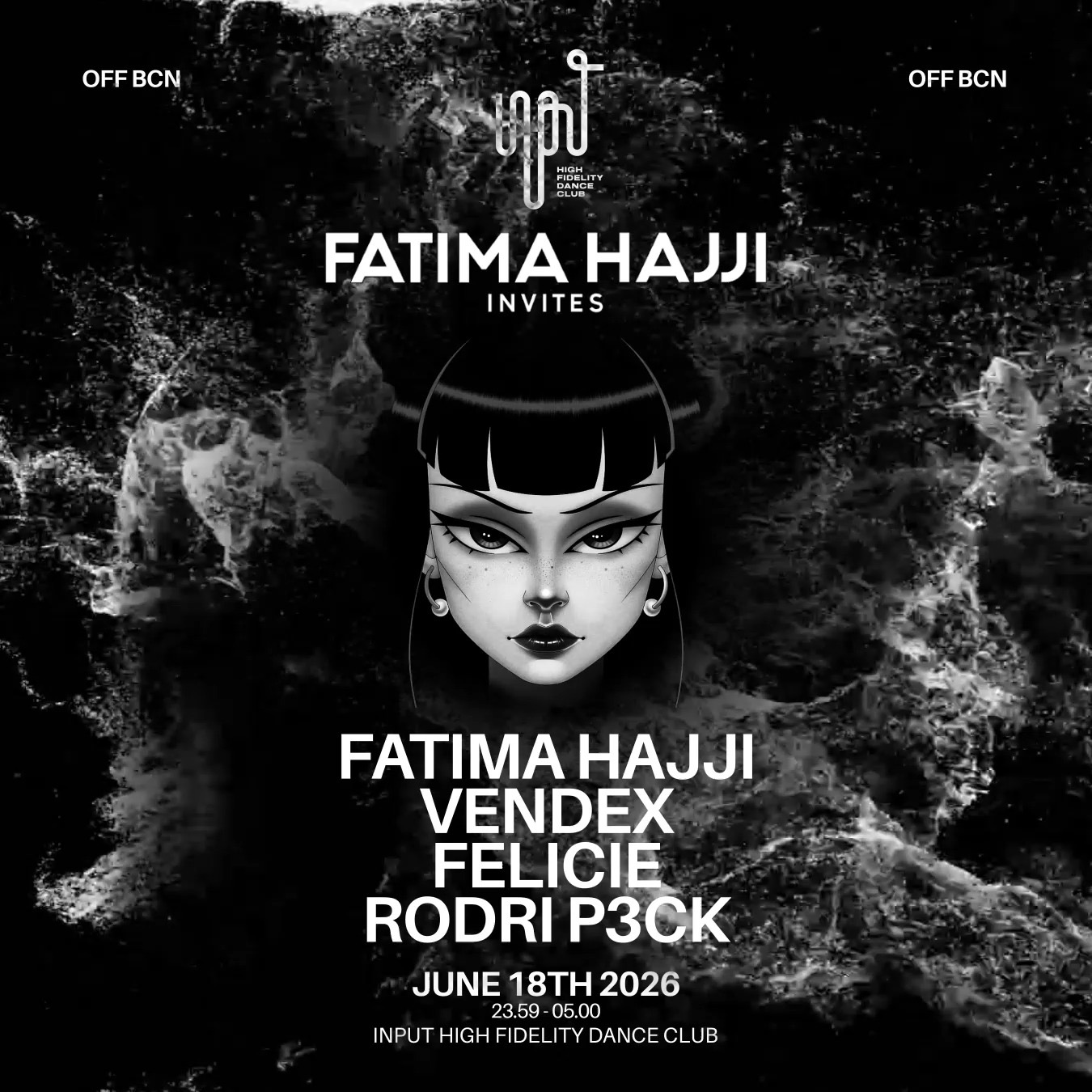 Cartel oficial del evento INPUT OFF BCN 2026 pres. FATIMA HAJJI invites