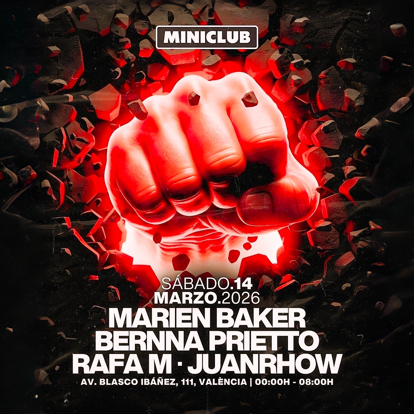 Cartel oficial del evento MINICLUB: SÁBADO 14 - MARIEN BAKER | BERNNA PRIETTO | RAFA M | JUANRHOW / FREE ENTRY BEFORE 01.00AM