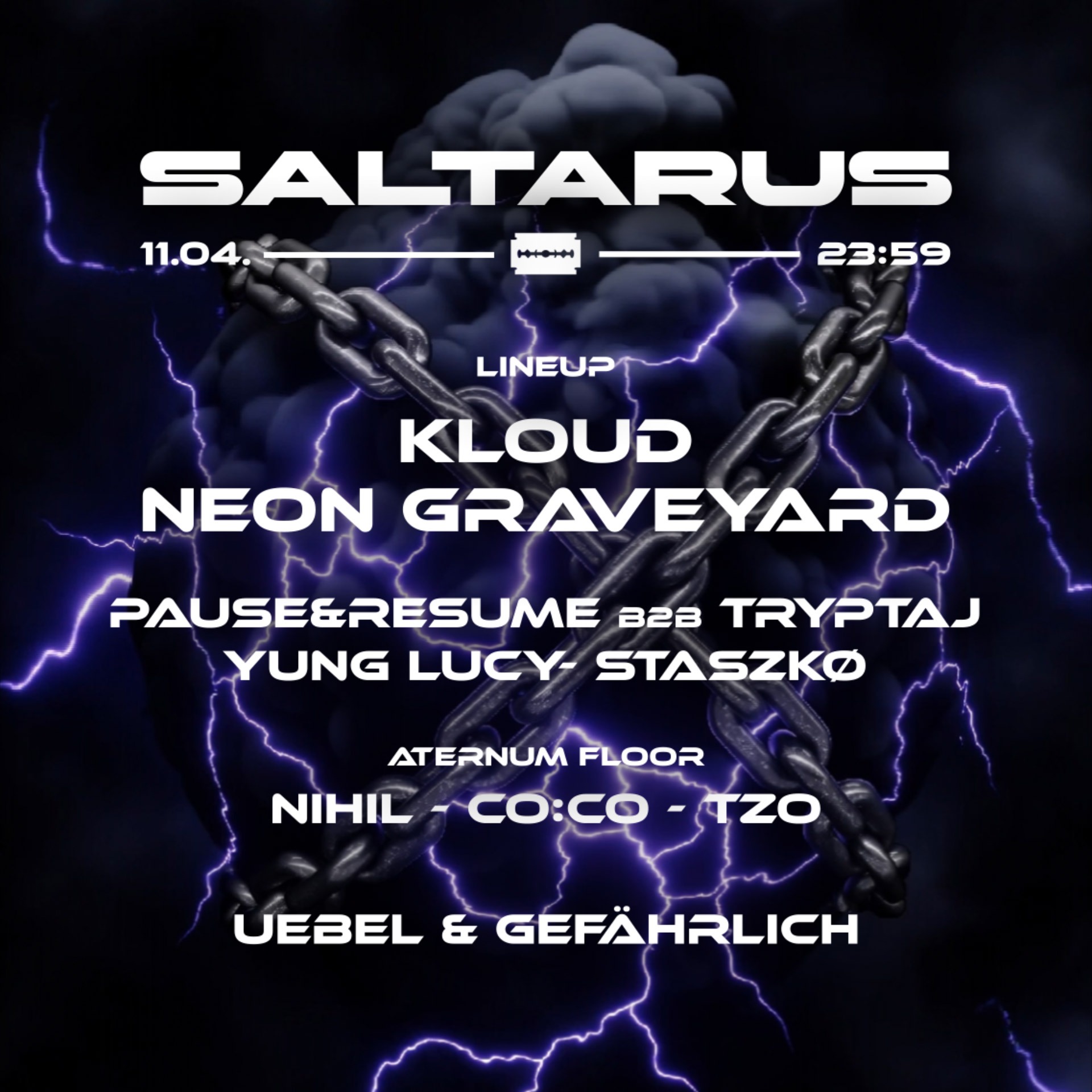 Cartaz oficial do evento Saltarus pres. KLOUD, Neon Graveyard and many more
