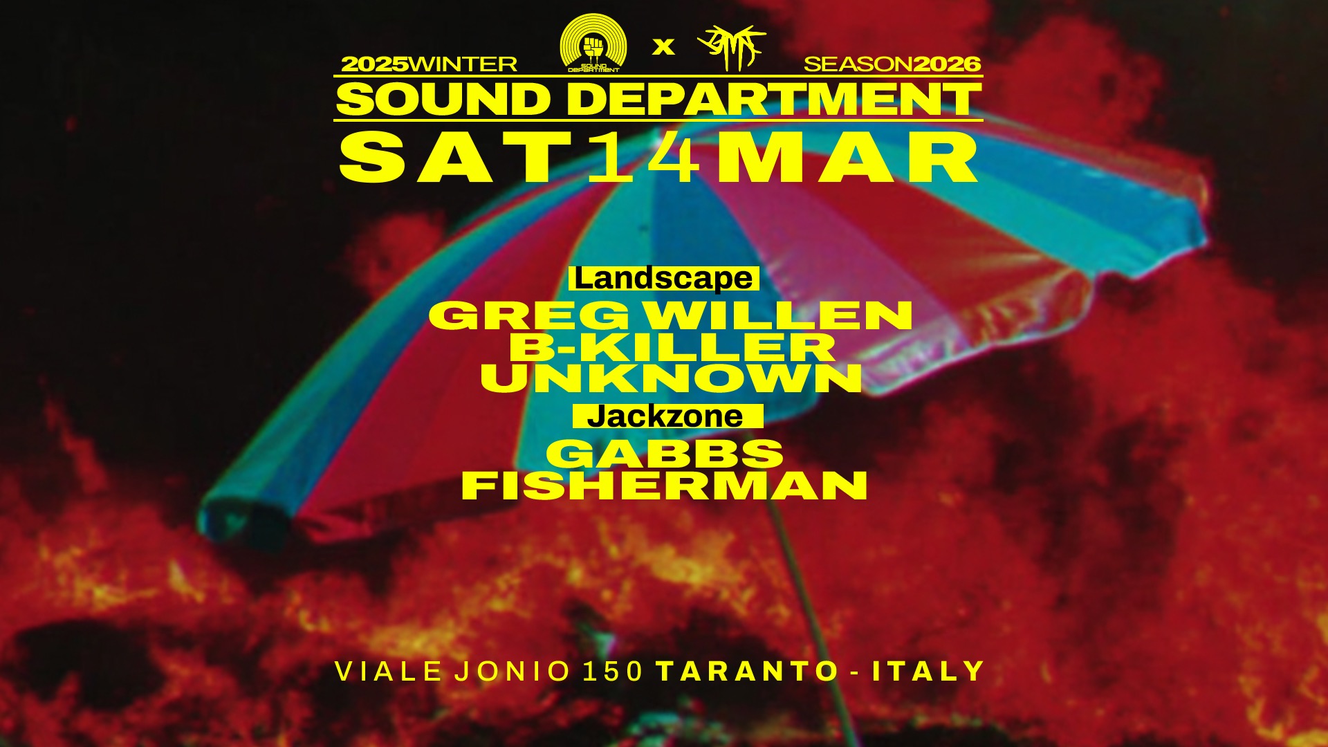 Cartel oficial del evento Sound Department 14 March w/ GREG WILLEN and GABBS