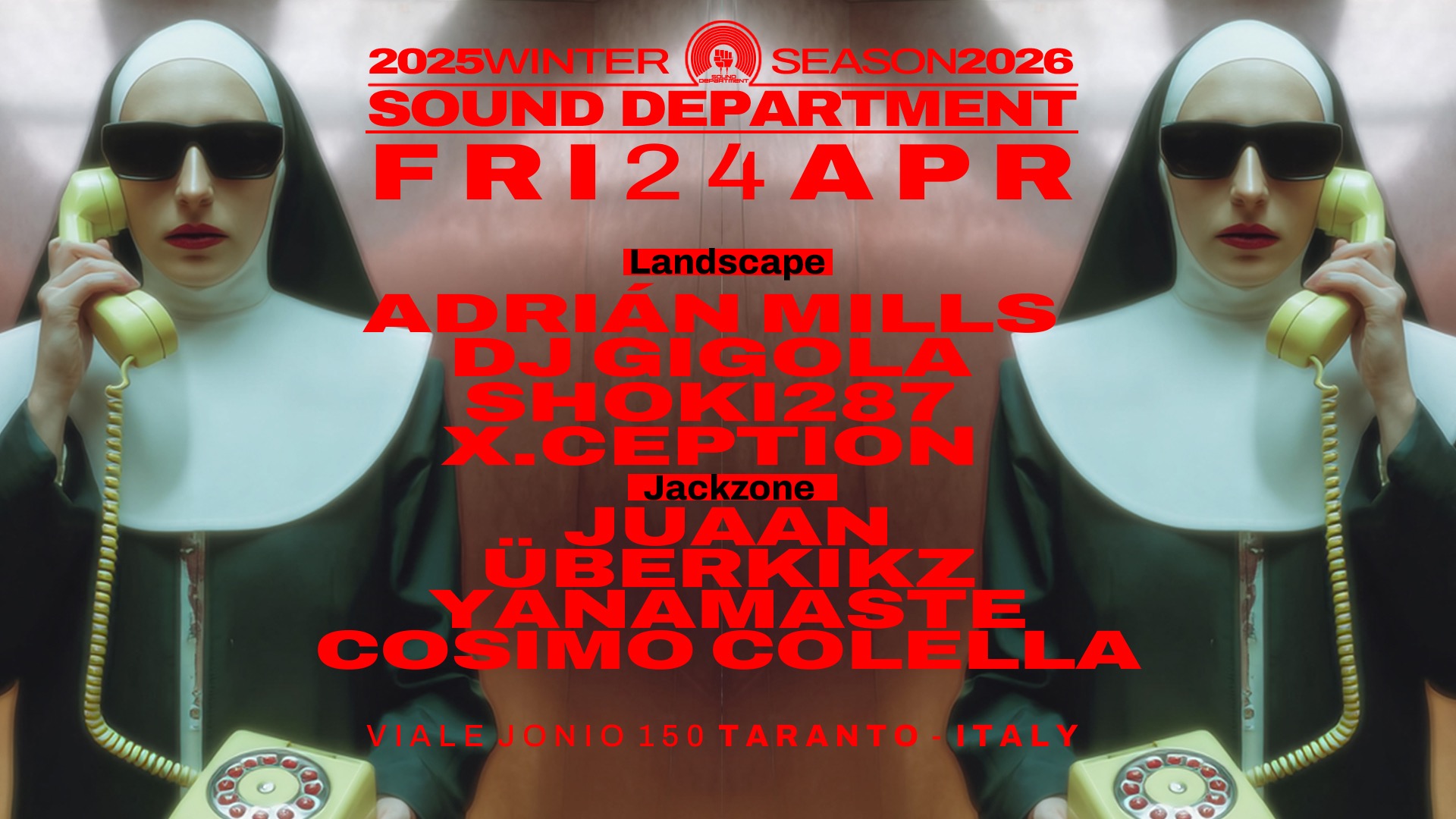 Offizielles Cover des Events Sound Department 24 April W/ADRIAN MILLS, DJ GIGOLA, SHOKI287, JUAAN, ÜBERKIKZ and YANAMASTE